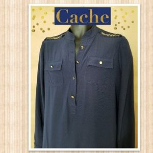Cache Shirt Dress Military Size Medium Gold Navy Womens